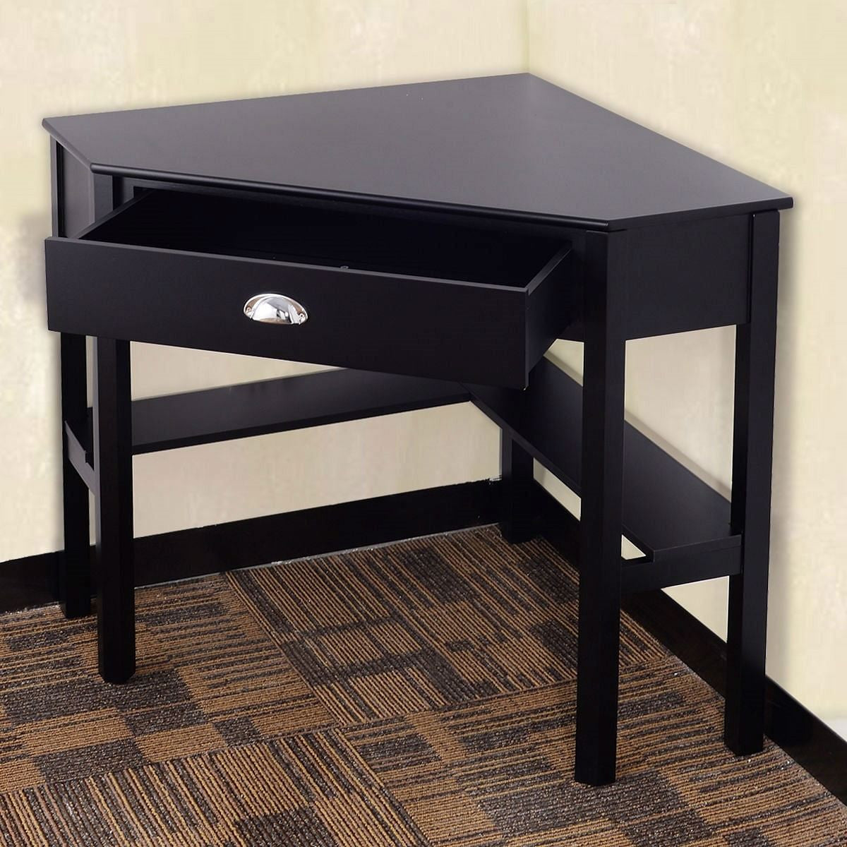 Elegant Black Wood Corner Computer Desk with Drawer in modern office setup
