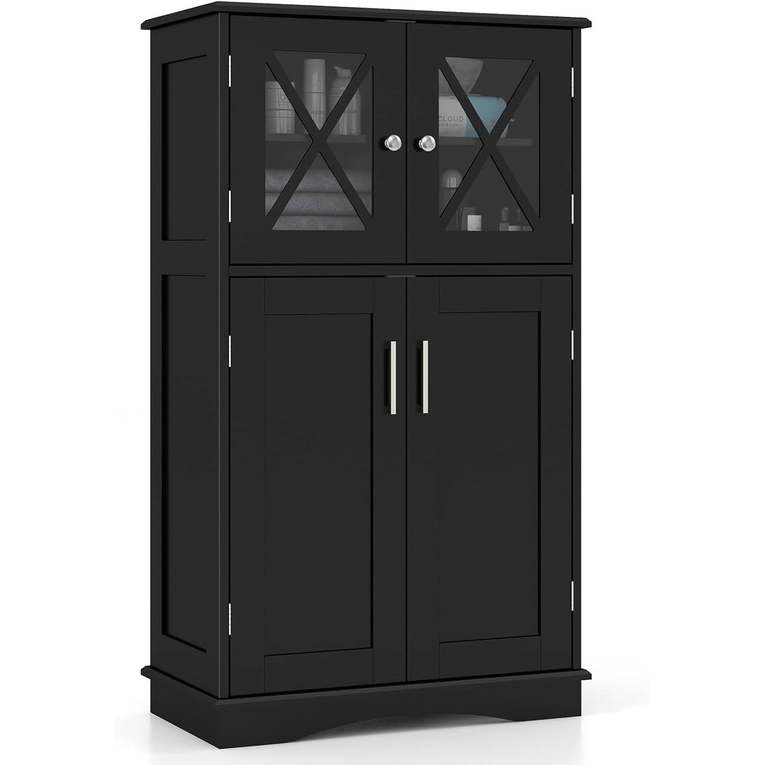 Stylish Black Linen Cabinet with Glass Doors in a modern bathroom setting