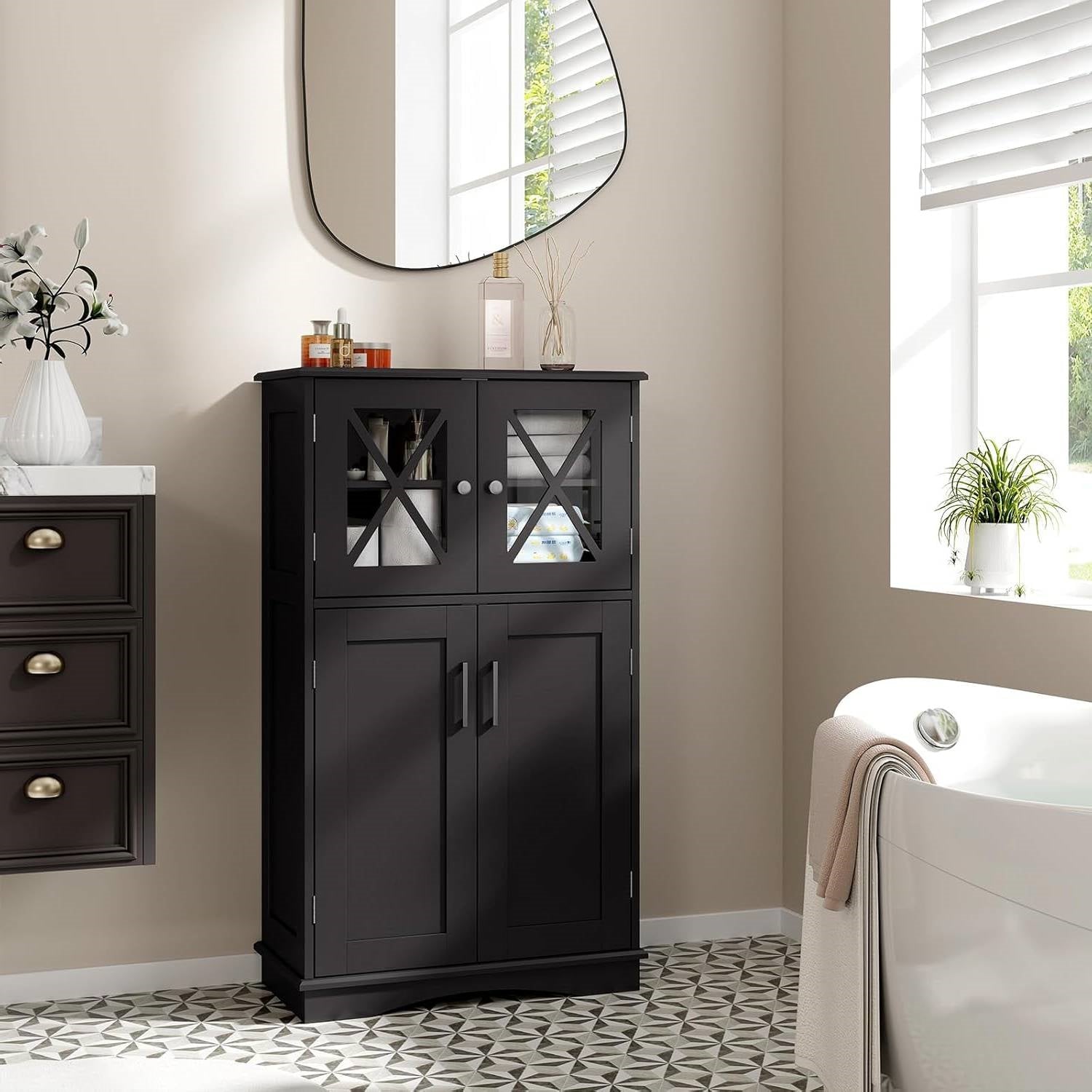 Front view of Elegant Black Linen Cabinet with Glass Doors by FastFurnishings