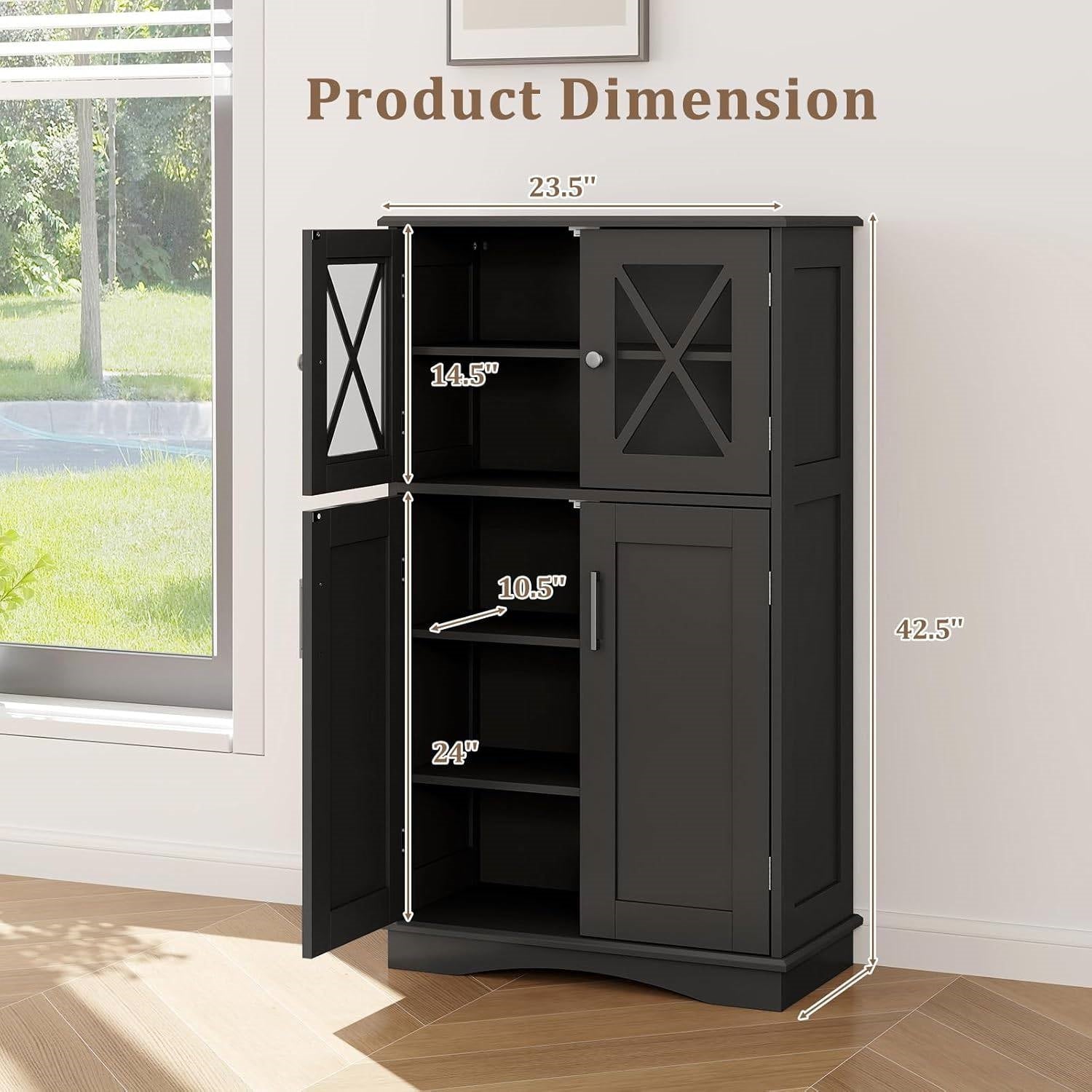 Elegant Black Linen Cabinet with Glass Doors showcasing adjustable shelves