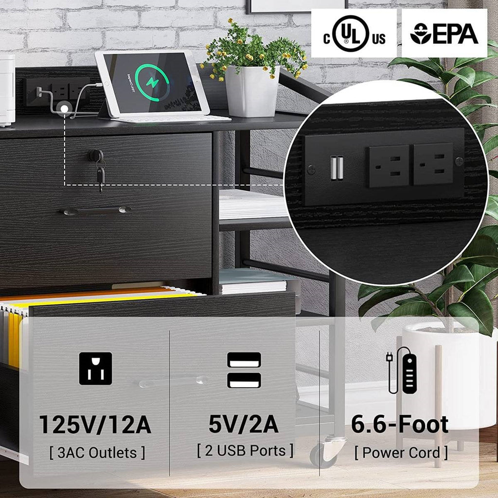 Black Printer Stand Bookcase Power Station Mobile Office File Cabinet