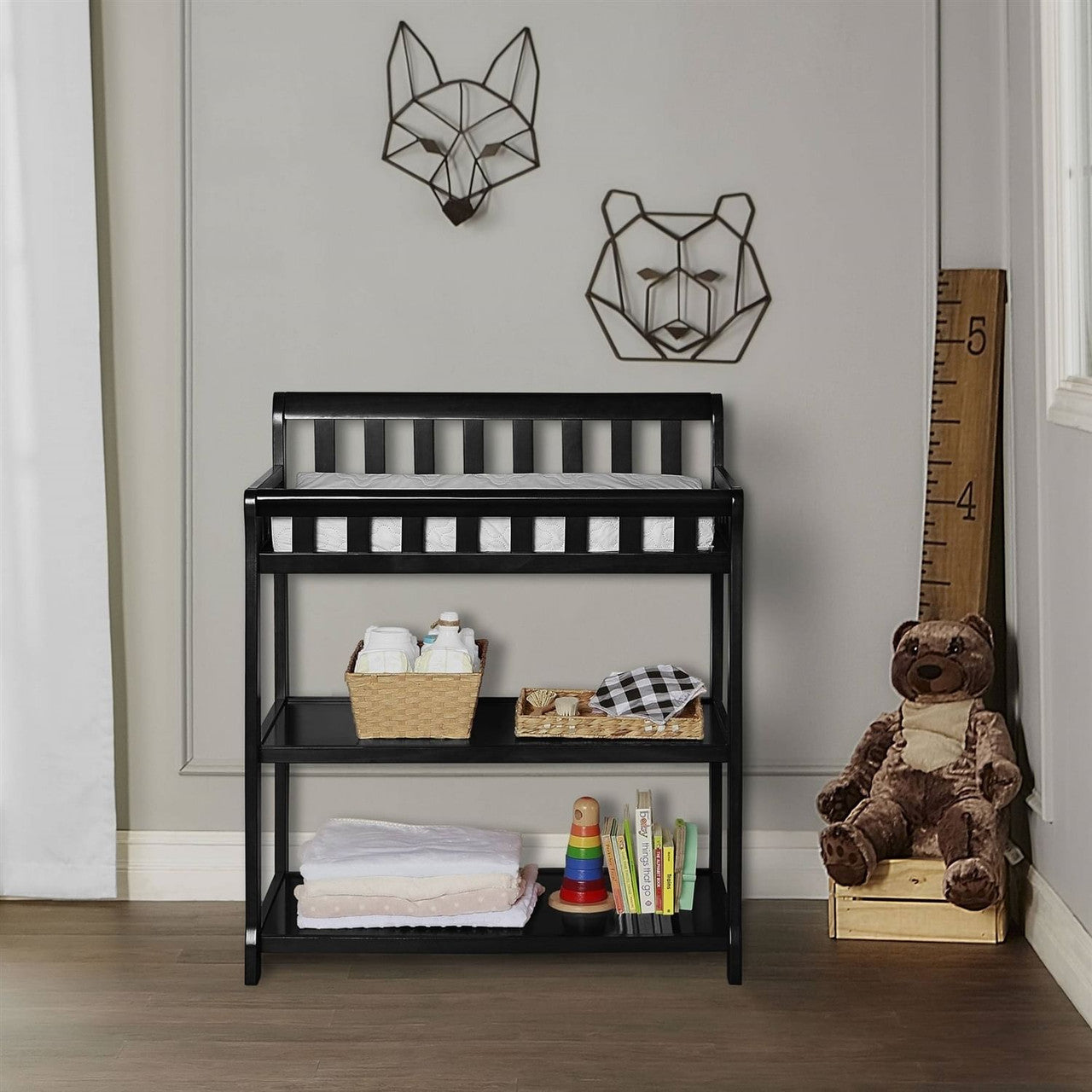 Side view of Gobingya Stylish Black Wooden Baby Changing Table in nursery