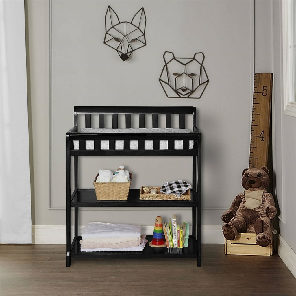 Modern Black Wooden Baby Changing Table with Safety Rail Mattress Pad and Strap