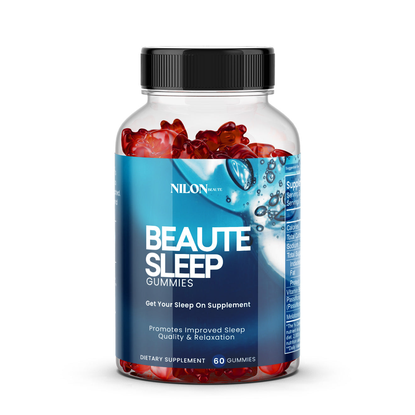 Front view of Nilon Beaute BeauteSleep Gummies in vibrant packaging