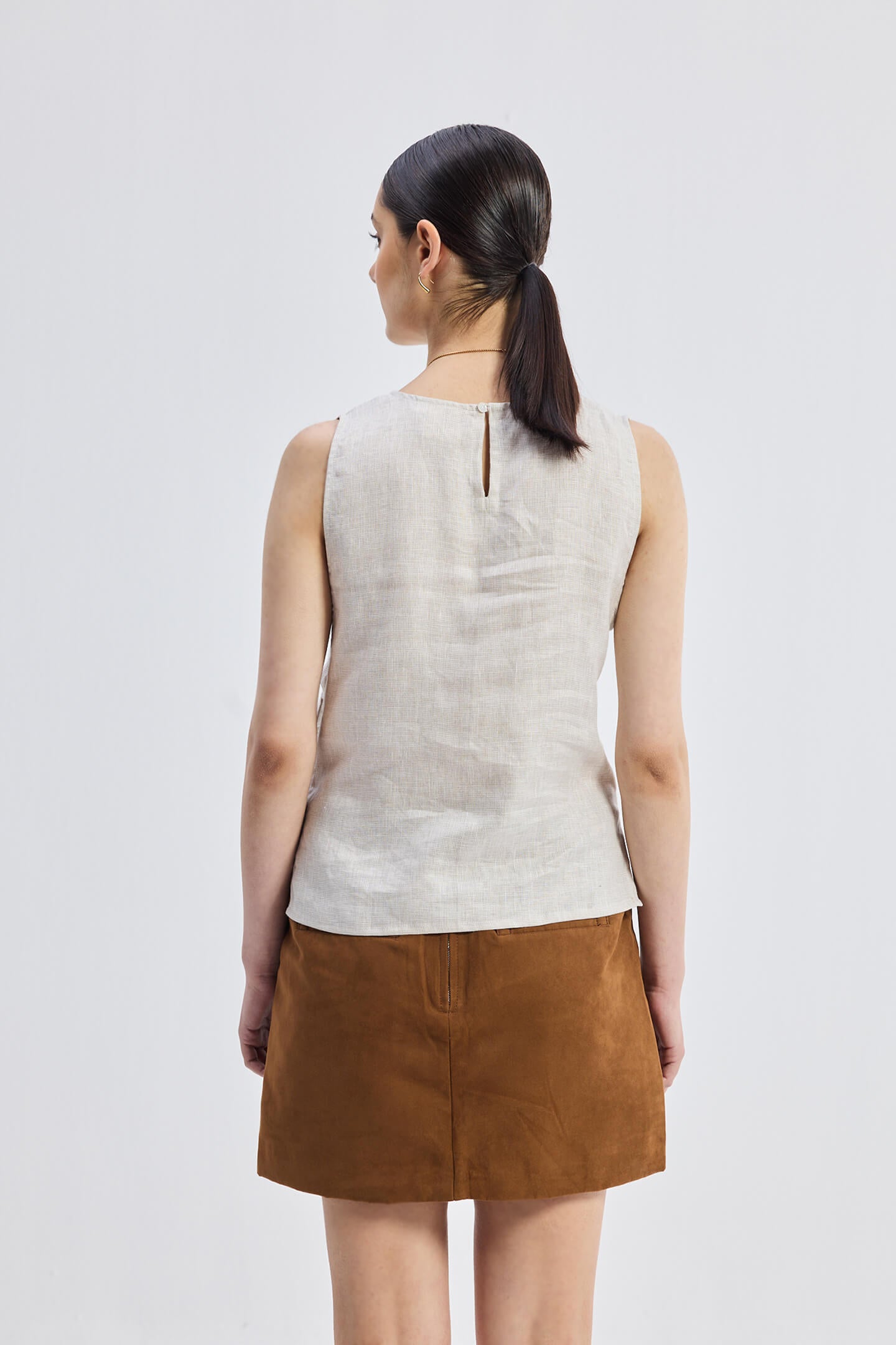 Back view of Checkered Linen Boat Neck Top in classic checkered pattern