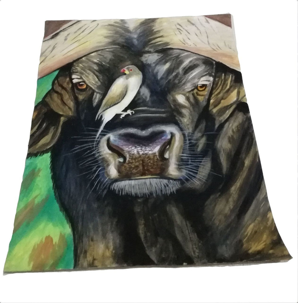 Close-up of the Buffalo and Oxpecker painting showcasing detail