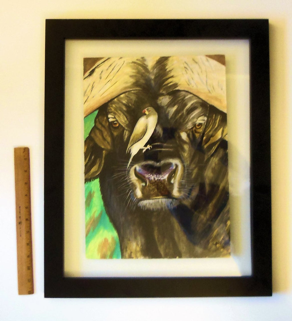 Buffalo and Oxpecker framed painting with vivid artistic colors