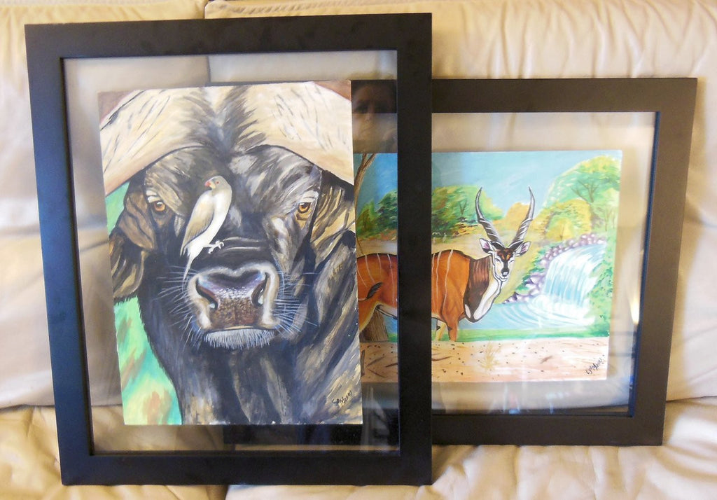 Artistic representation of buffalo and oxpecker in nature