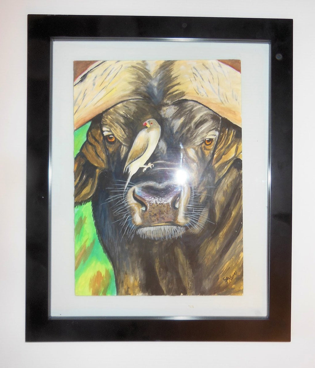 Unique framed Buffalo and Oxpecker art piece for home decor
