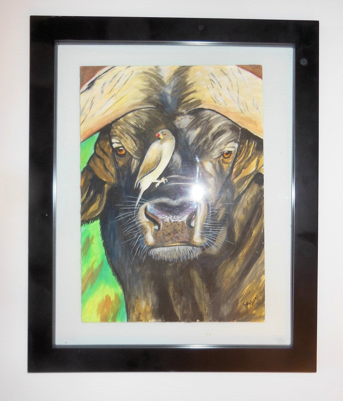 Unique framed Buffalo and Oxpecker art piece for home decor