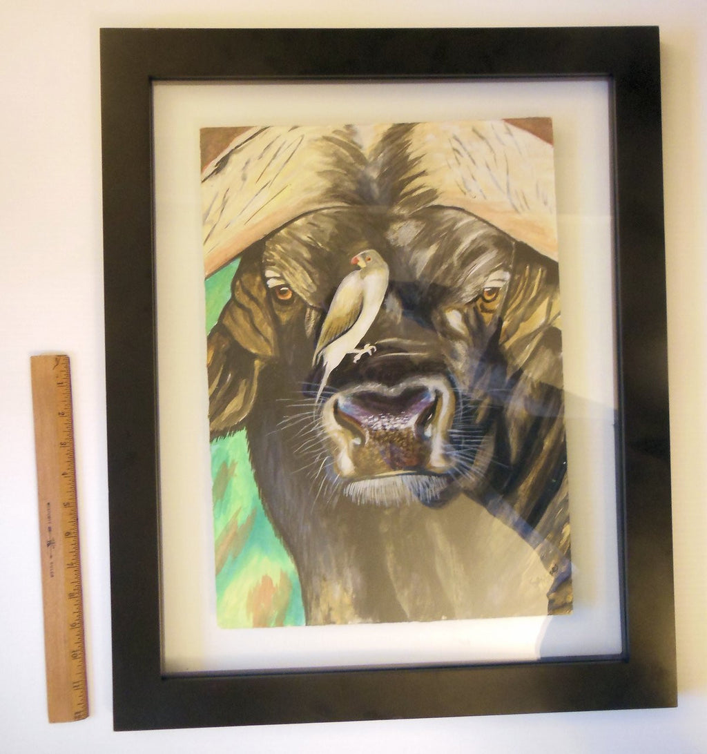 Vibrant colors in Buffalo and Oxpecker framed art by Moses Eye