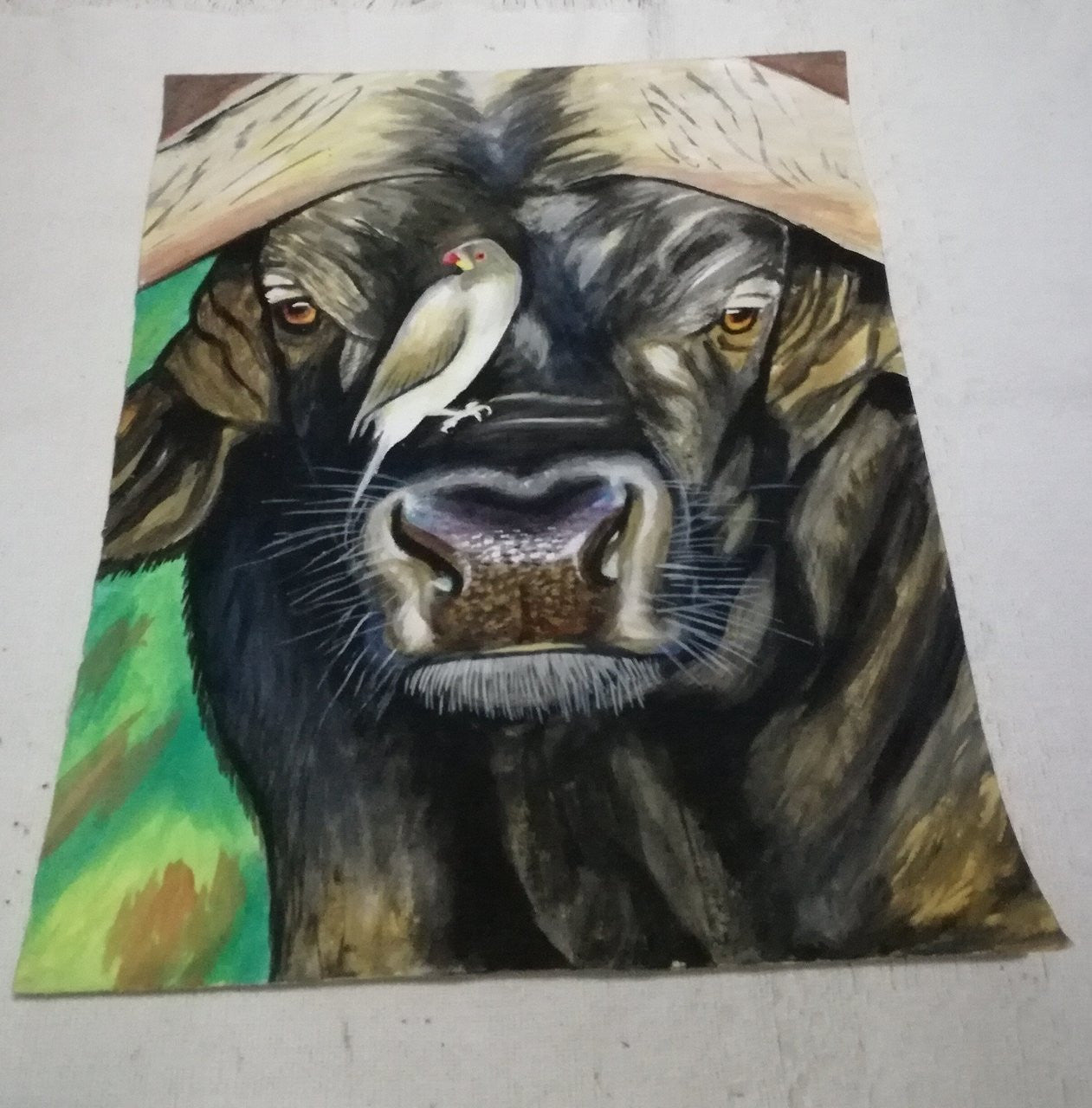 Full view of Buffalo and Oxpecker framed oil painting by Moses Eye