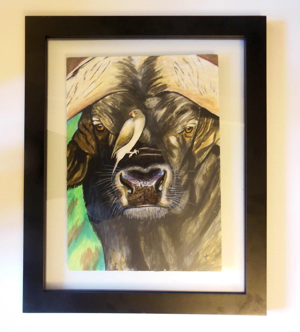 Buffalo peacefully resting with an oxpecker on its back in art