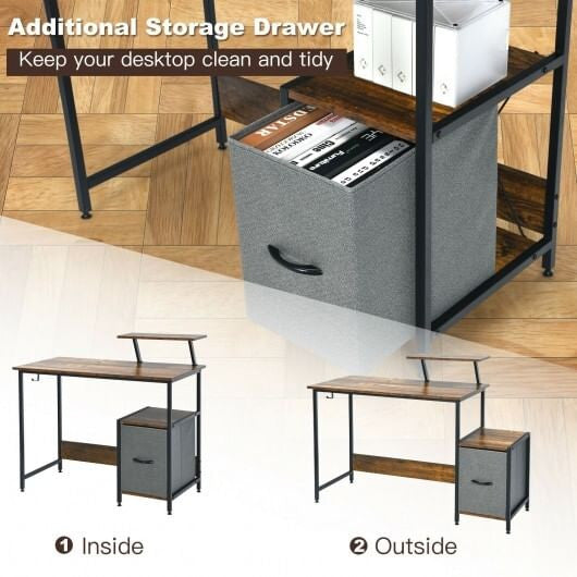 Computer Desk with Reversible Storage Drawer and Moveable Shelf-Brown