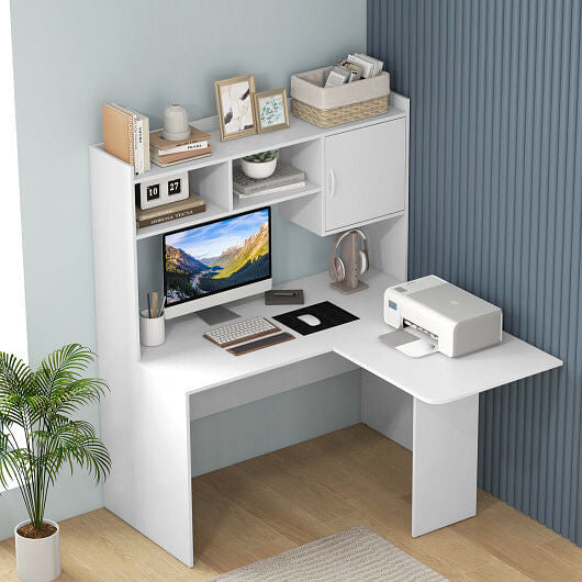 Front view of Stylish L-Shaped Computer Desk with open storage by Gobingya