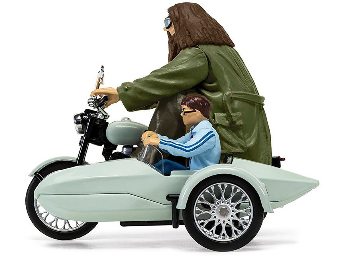 Side view of the Harry Potter Motorcycle diecast model showcasing real rubber tires
