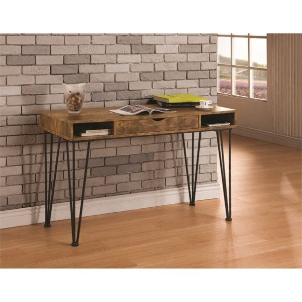 Side angle of Rustic Farmhouse 1-Drawer Writing Desk showcasing hairpin legs