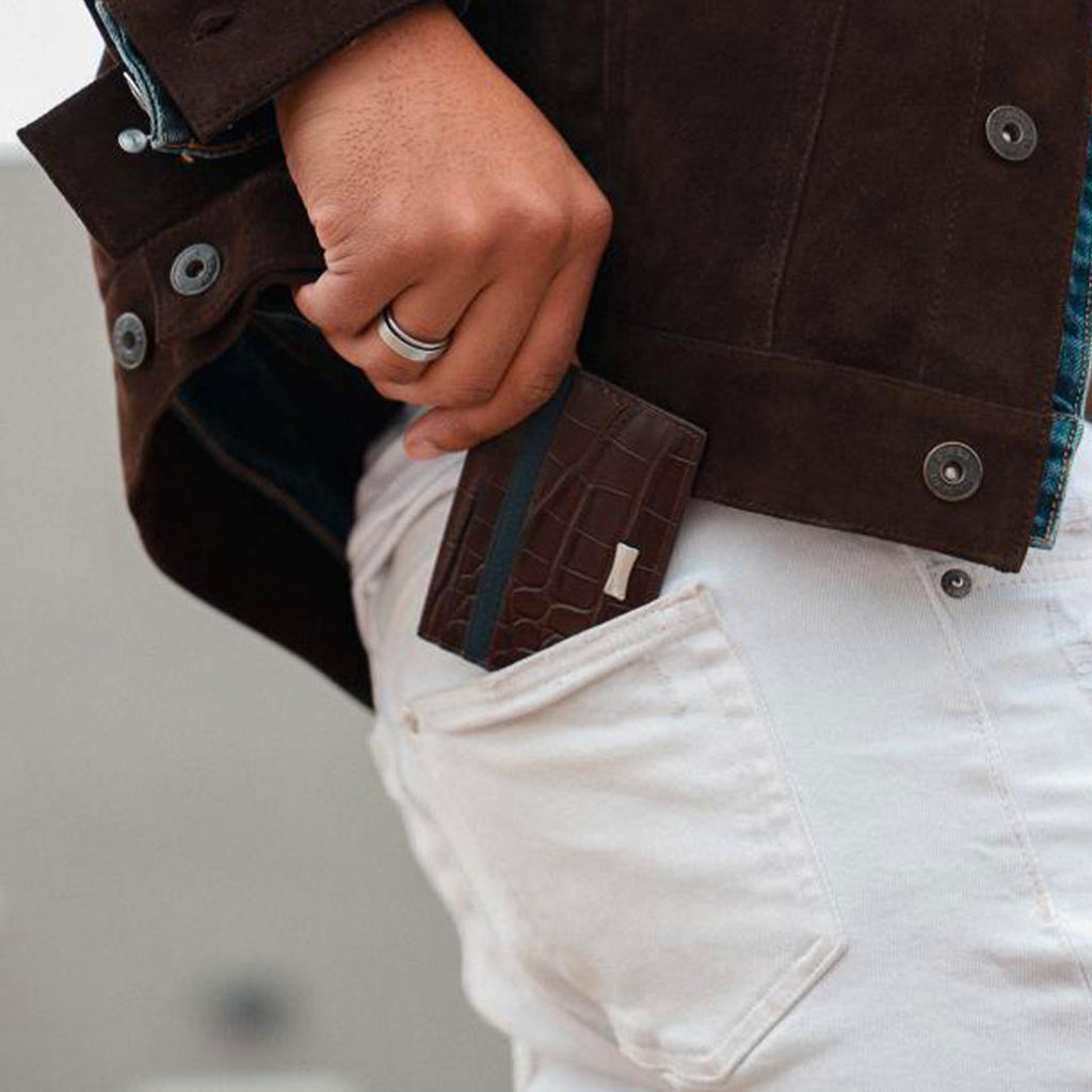 Front view of Luxury Gator Leather Slim Card Case in navy blue by GERNIE NYC