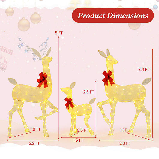 3 Pieces Lighted Family Deer Set with LED Lights and RGB Flashing Lights