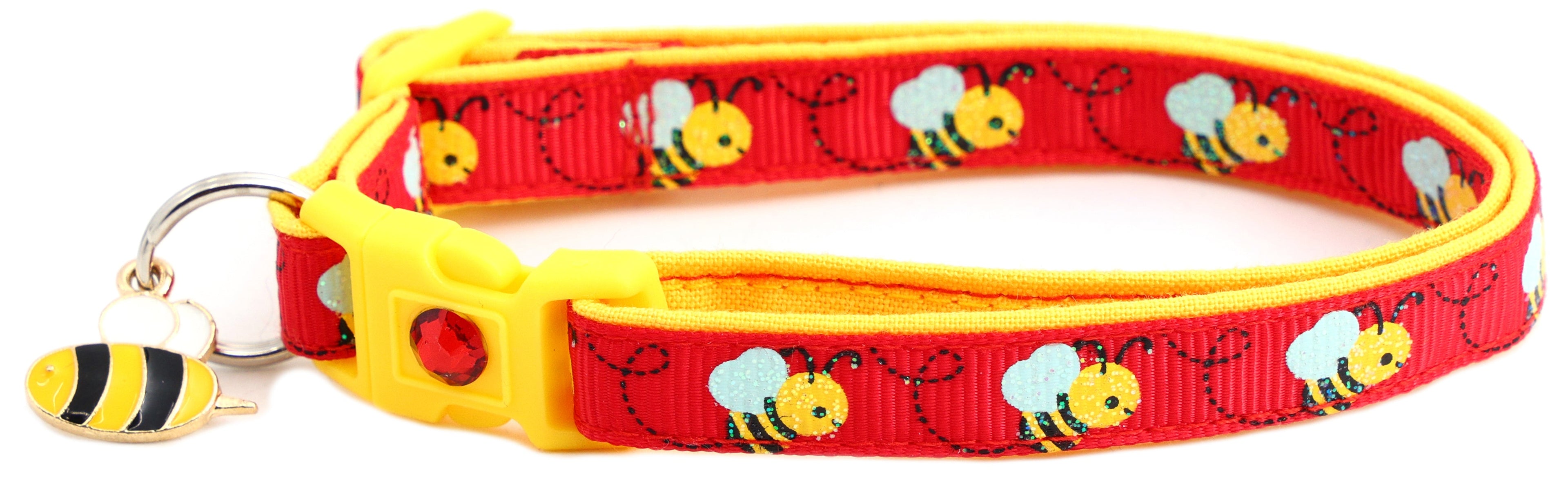 Handmade Honey Bees Breakaway Cat Collar on a vibrant background