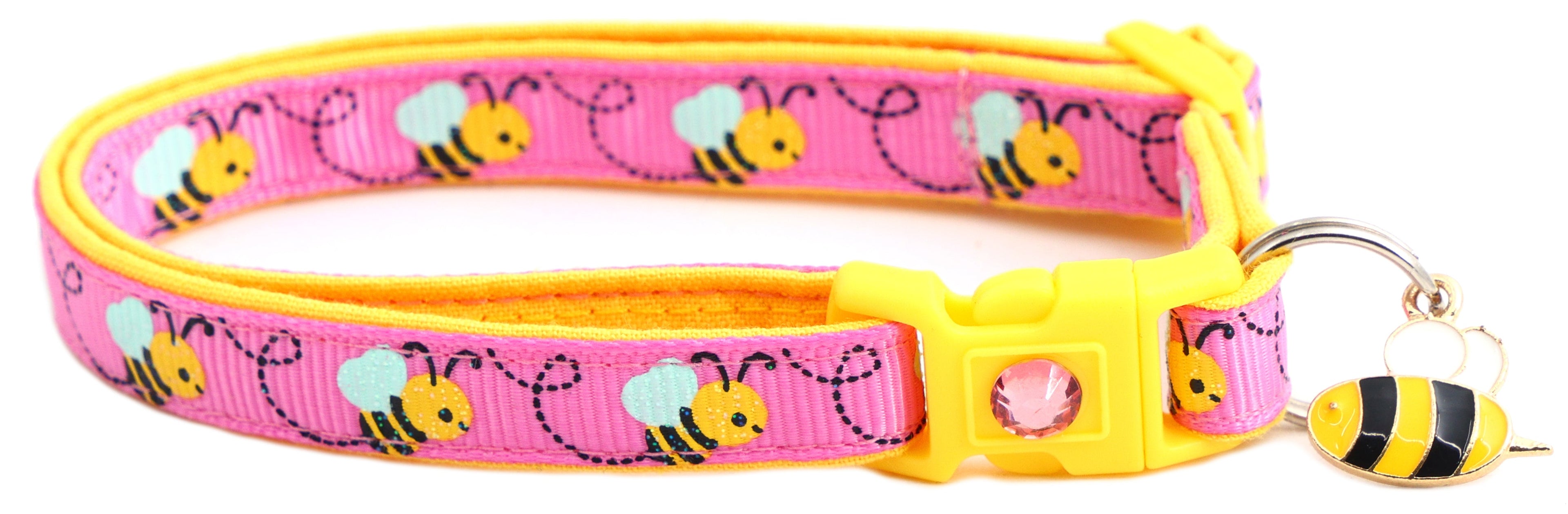Handmade Honey Bees Cat Collar in a playful indoor scene