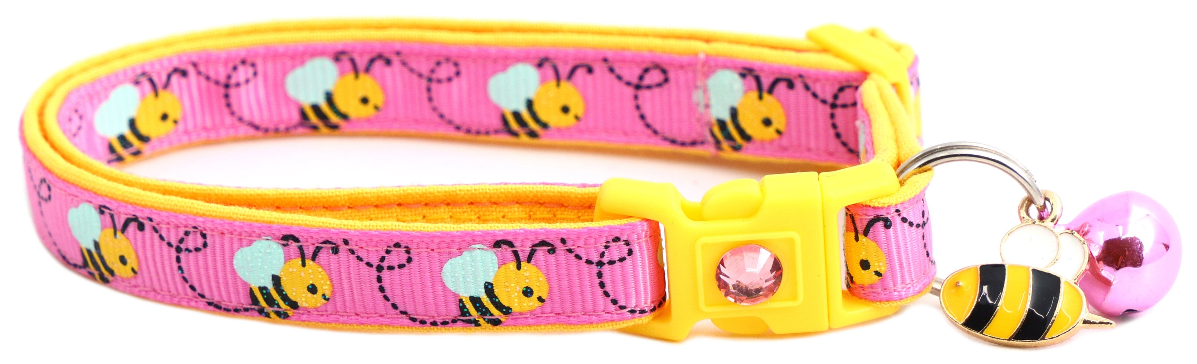 Handmade Honey Bees Cat Collar on a wooden surface