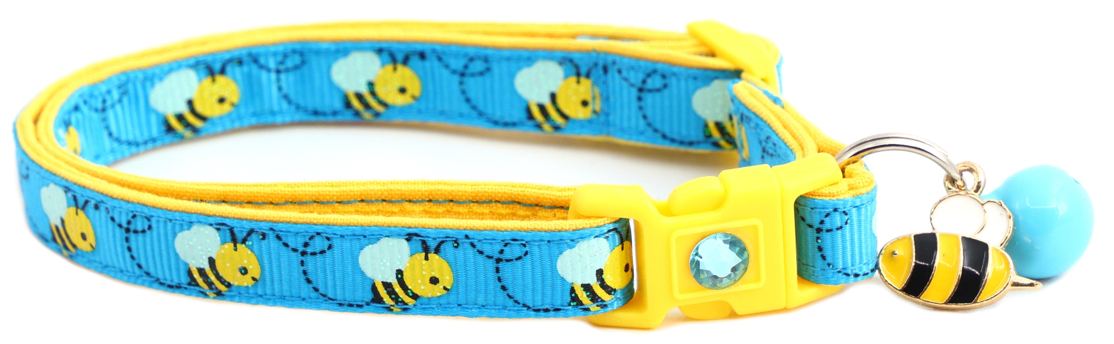 Happy cat portrait wearing Handmade Honey Bees Breakaway Collar