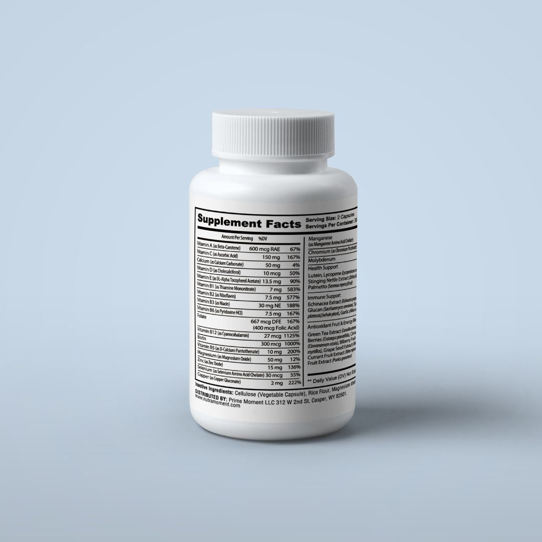 Nutra Moment Complete Multivitamins for Men capsules displayed on a wooden table