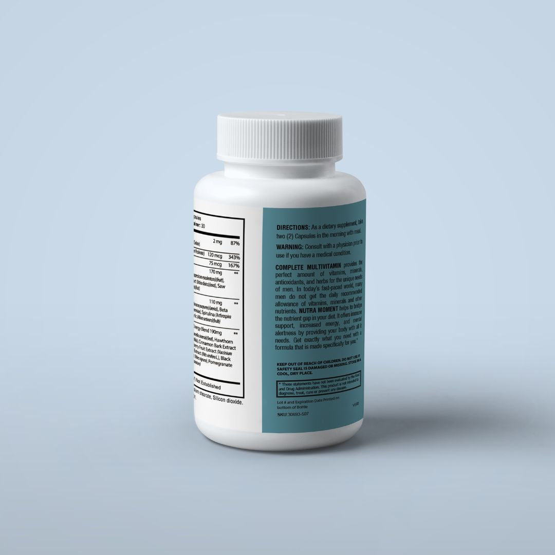 Nutra Moment Complete Multivitamins for Men with fresh fruits and vegetables