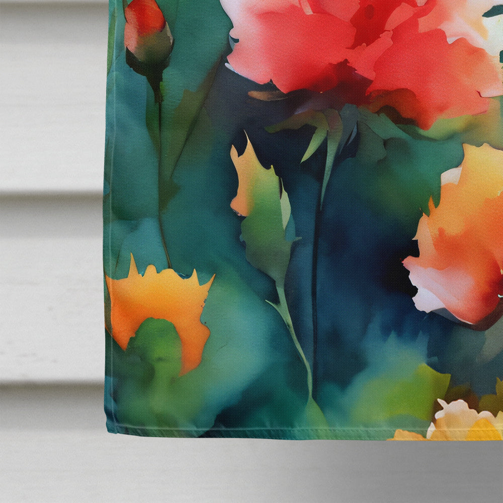 Close-up of watercolor design on Ohio Scarlet Carnations Flag