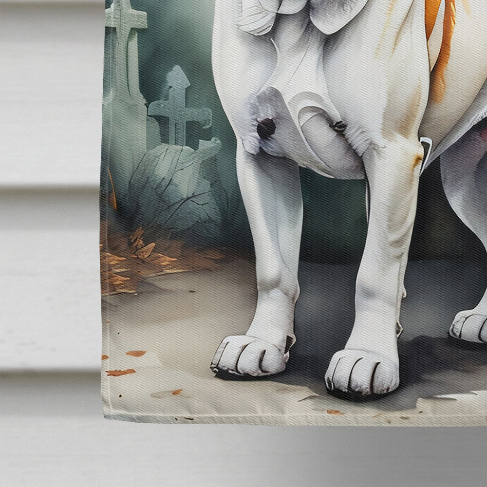 Side view of Boxer Halloween House Flag fluttering in the wind