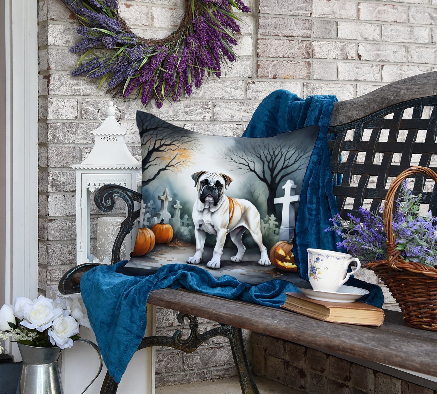 Spooky Boxer Decorative Throw Pillow in an outdoor Halloween setting