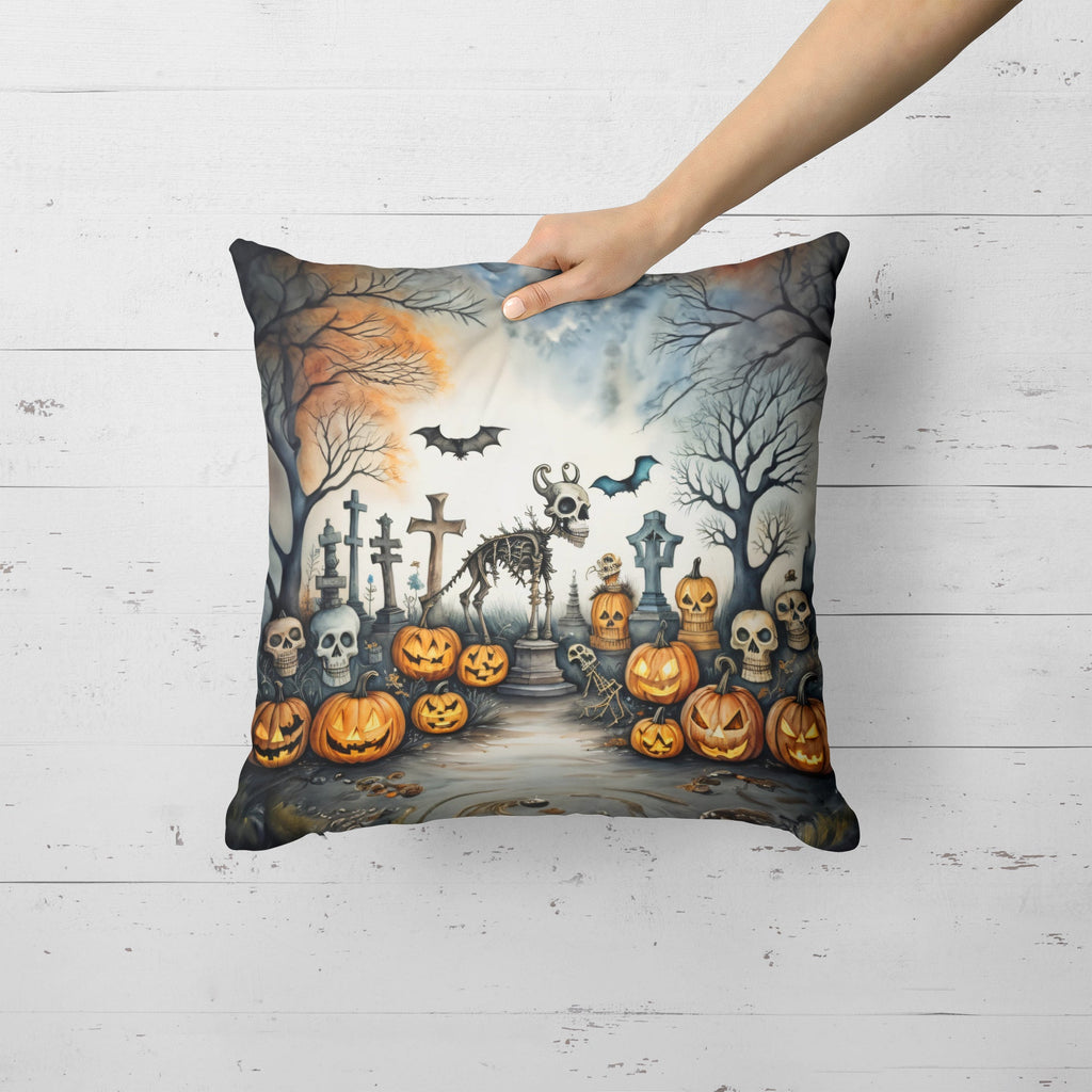 Side view of Whimsical Halloween Throw Pillow in vibrant colors by Gobingya