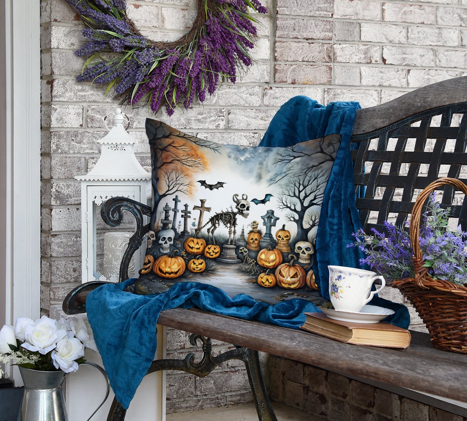 Lifestyle shot of Whimsical Halloween Throw Pillow in a cozy living room by Gobingya