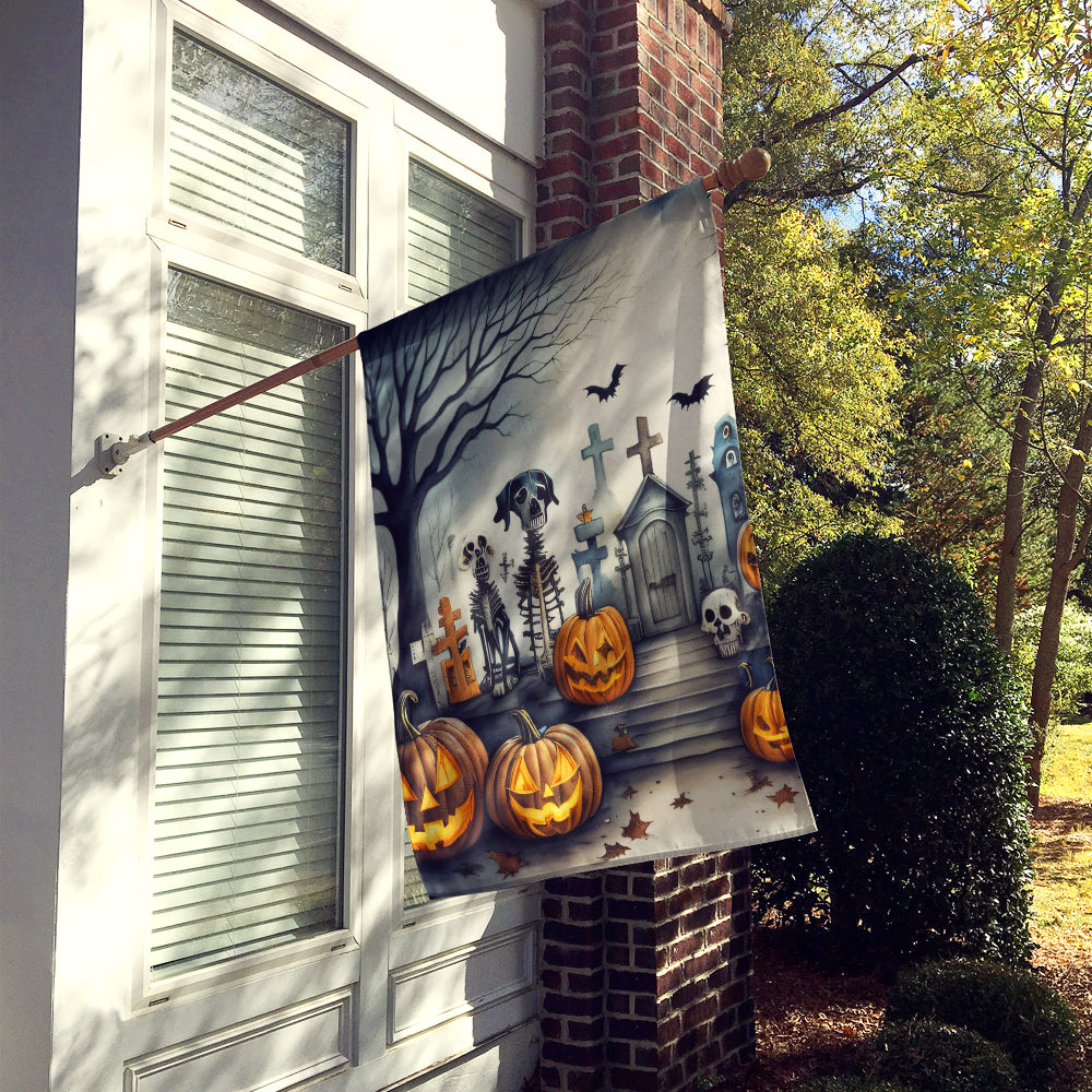 Front view of Bewitching Halloween Pet Cemetery House Flag by Gobingya
