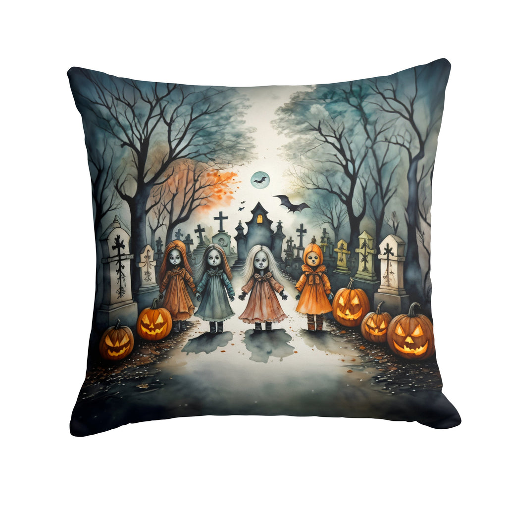 Close-up of the spooky artwork on the Hauntingly Beautiful Spooky Dolls Halloween Pillow