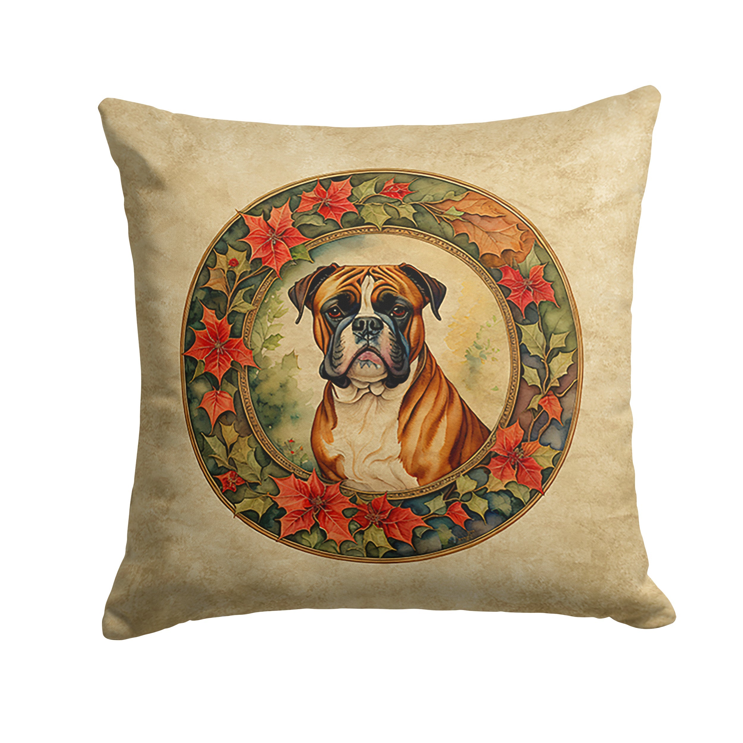 Close-up of Boxer Christmas Flowers design on throw pillow