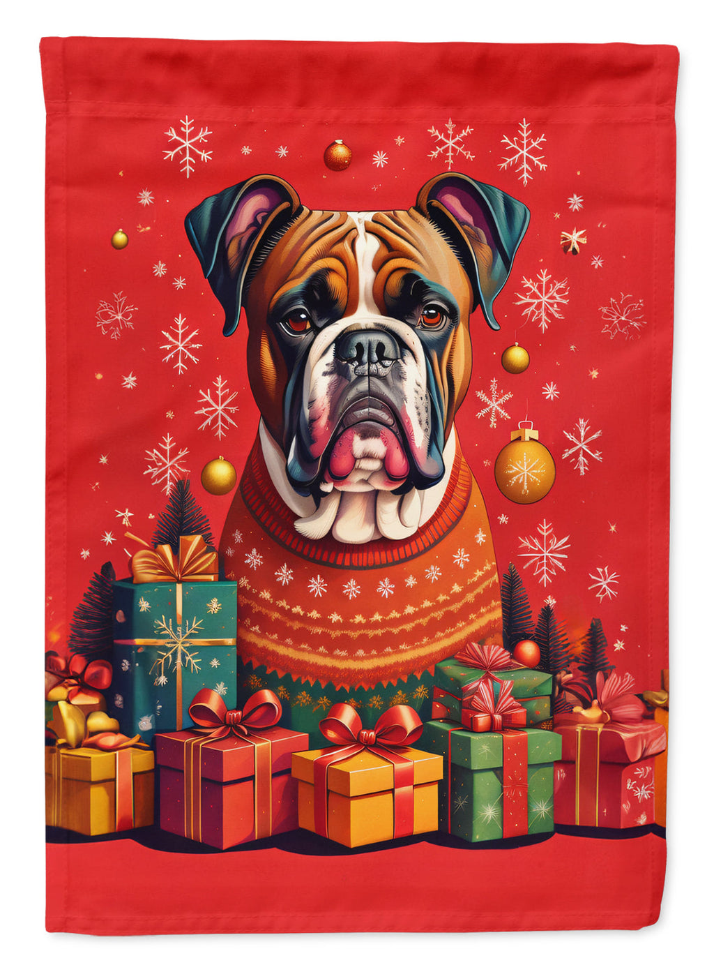 Close-up of the vibrant design on Joyful Boxer Christmas Flag