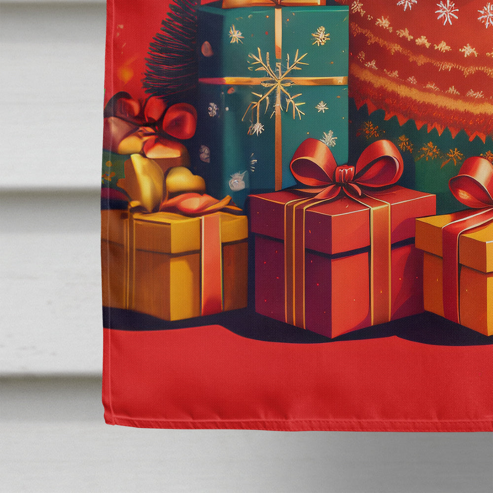 Joyful Boxer Christmas House Flag with snow-covered backdrop