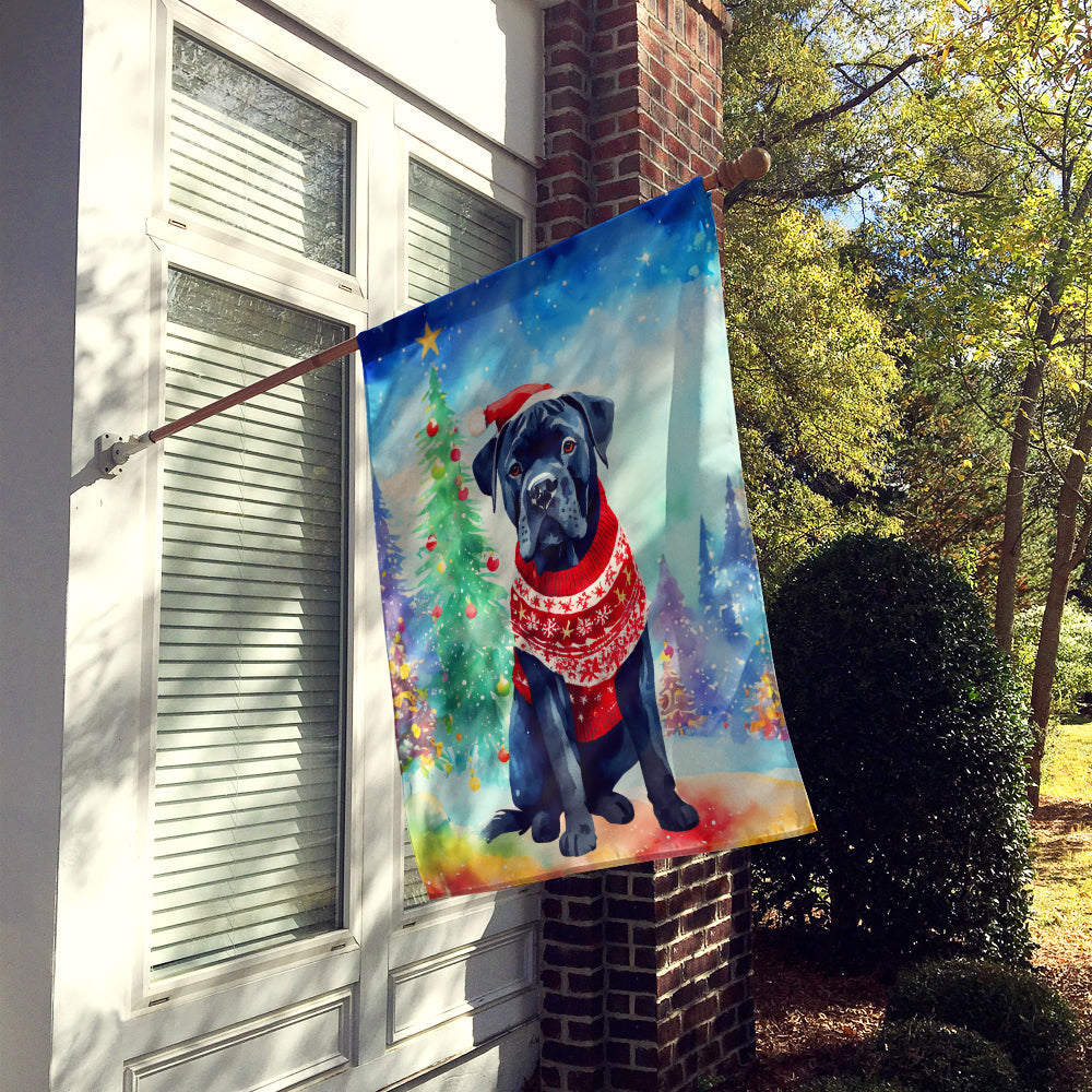 Side angle of Cane Corso Christmas House Flag showcasing vibrant colors