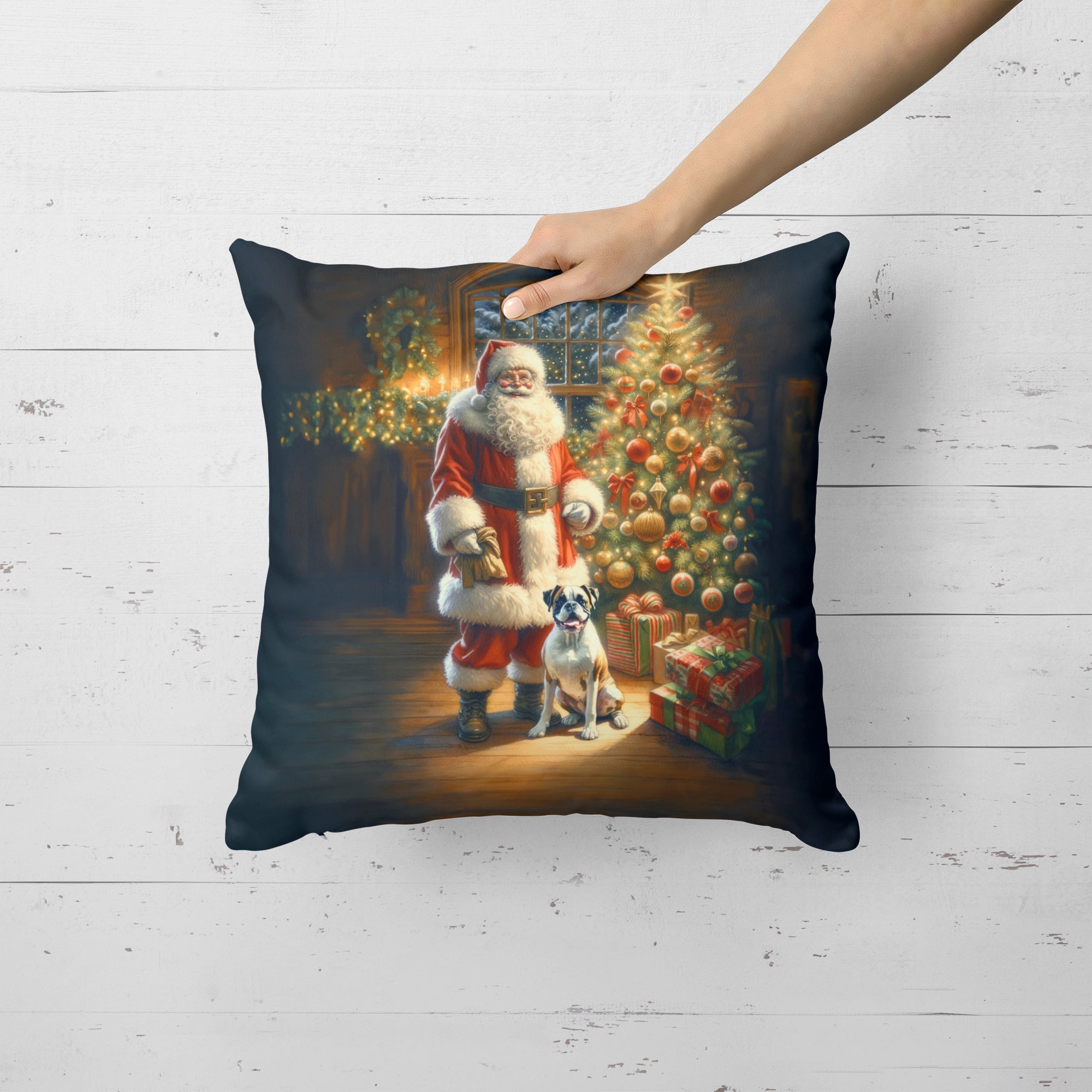 Lifestyle image of Boxer and Santa Claus Decorative Throw Pillow on a cozy sofa