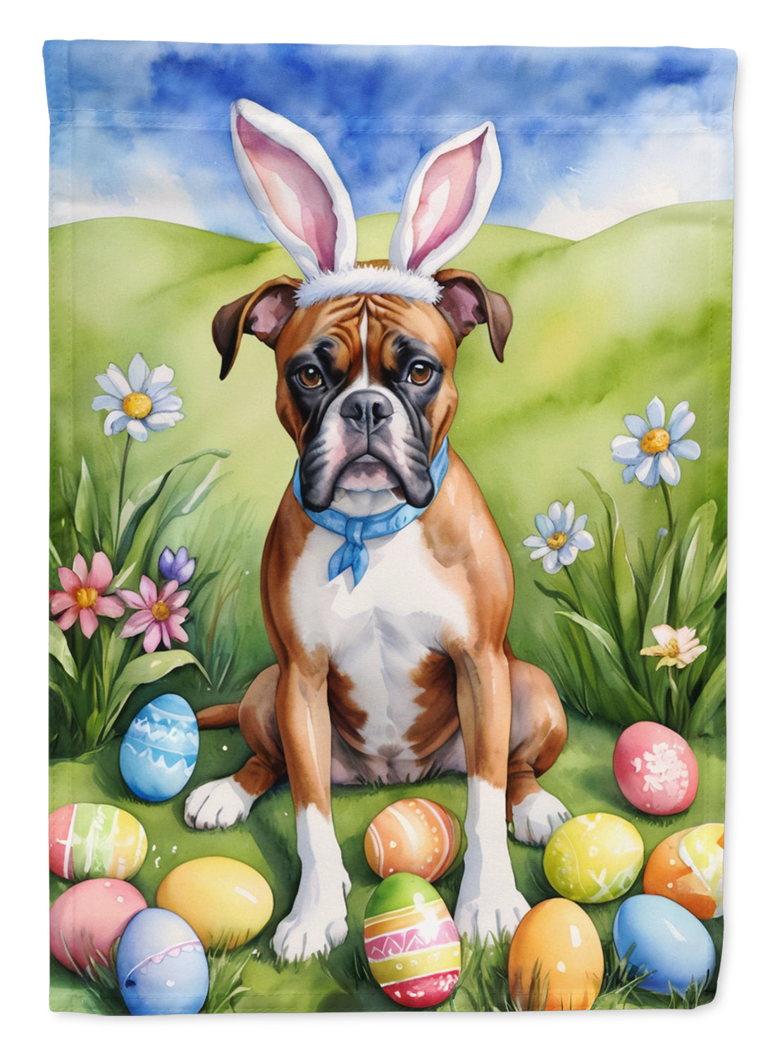 Front view of Boxer Easter Egg Hunt Decorative Flag by Gobingya
