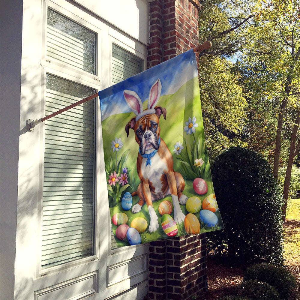 Vibrant Boxer Easter Egg Hunt flag displayed in a garden setting