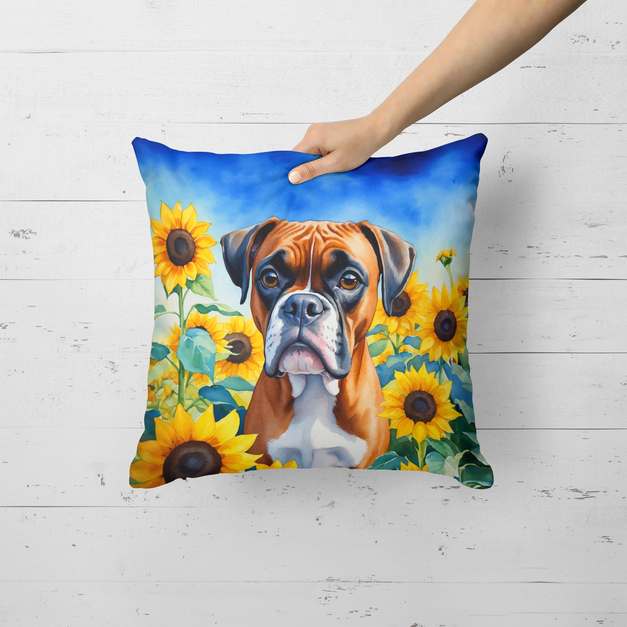 Sunflower Boxer Decorative Throw Pillow on a cozy couch setting