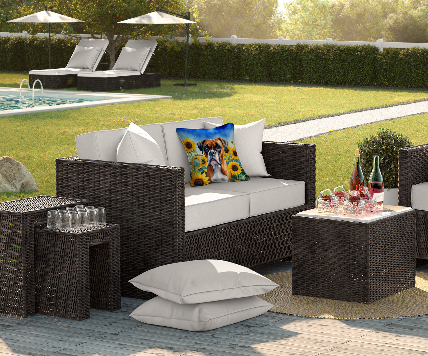 Outdoor display of Sunflower Boxer Decorative Throw Pillow on garden bench