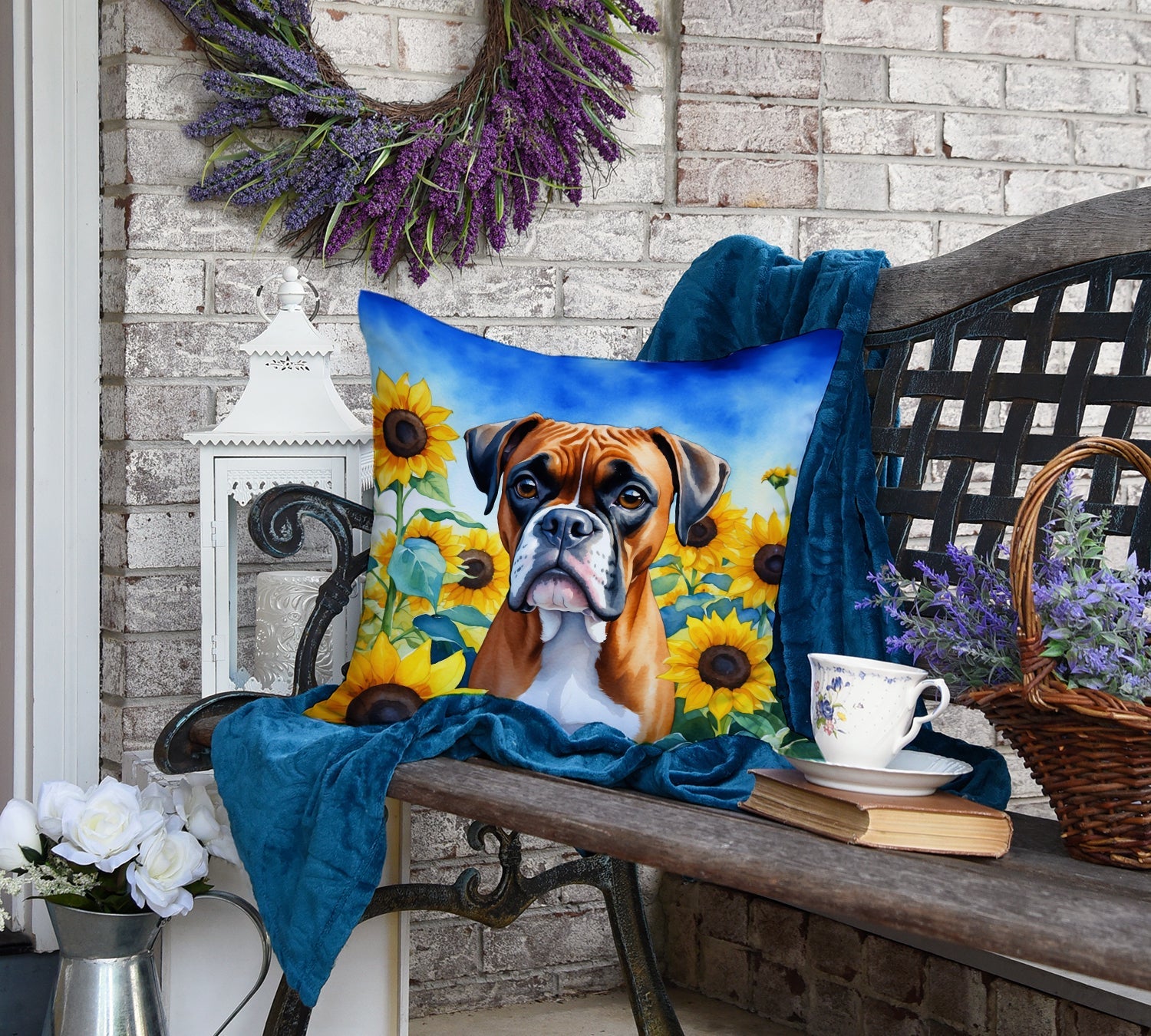 Close-up of vibrant Sunflower Boxer artwork on decorative pillow