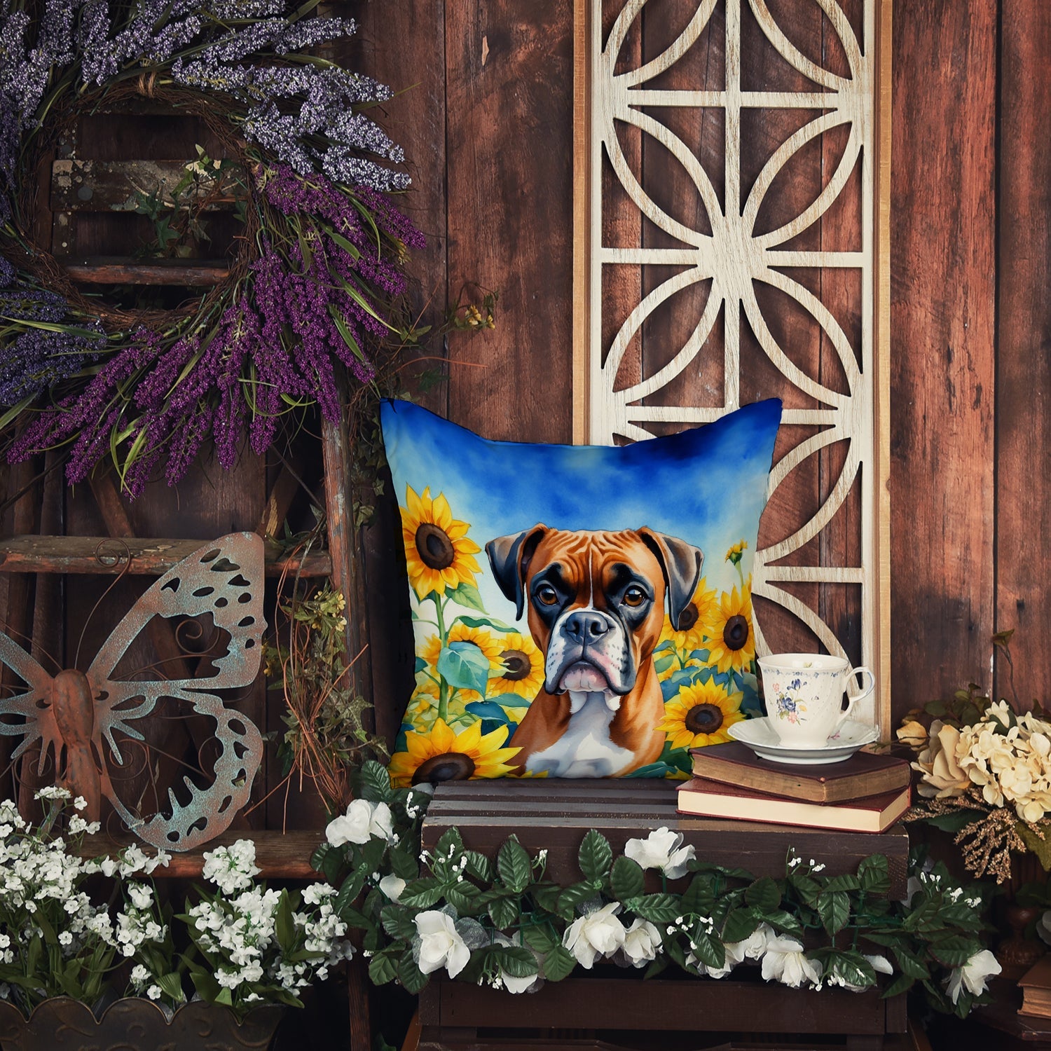 Front view of Sunflower Boxer Decorative Throw Pillow by Caroline's Treasures