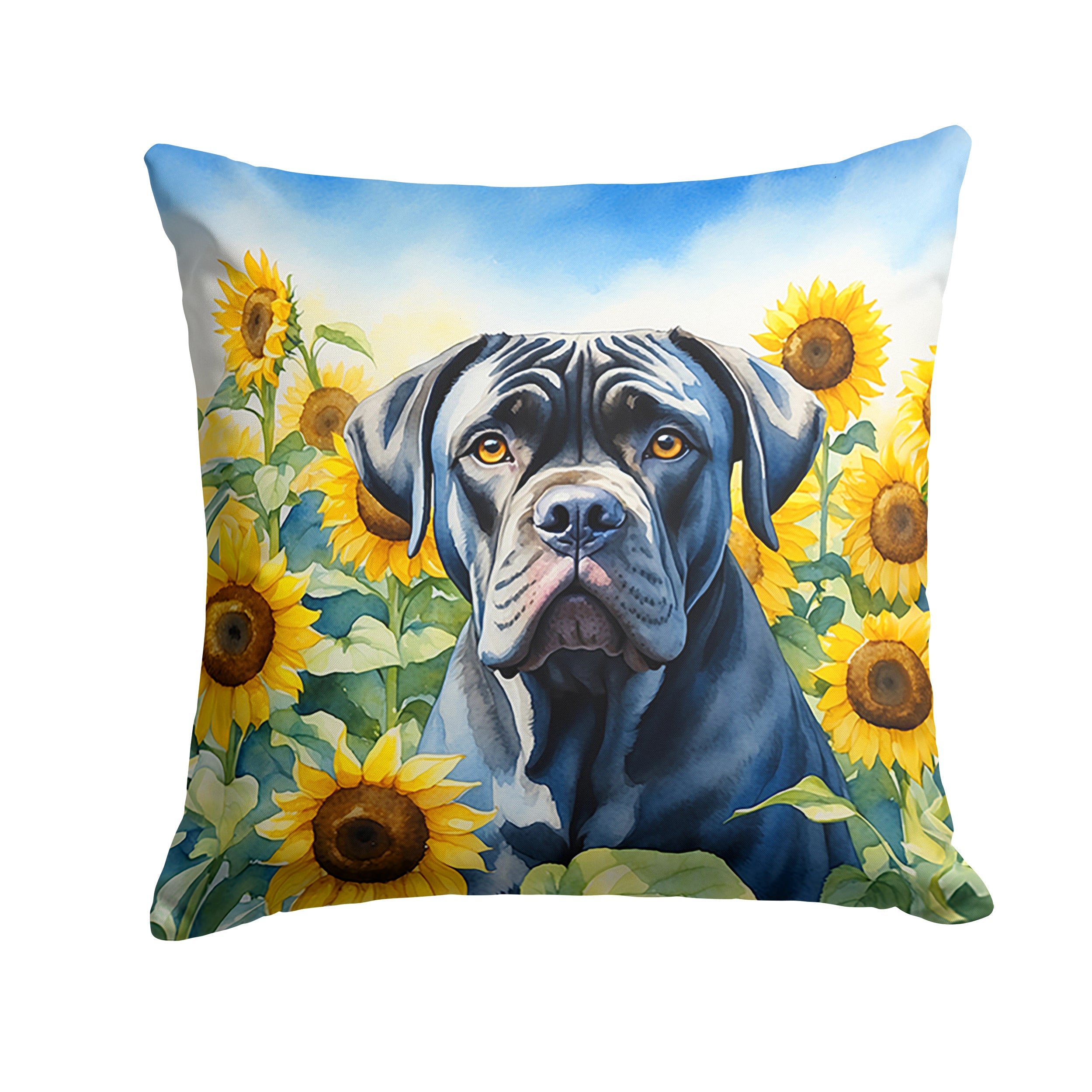 Cane Corso Sunflower Throw Pillow in outdoor setting