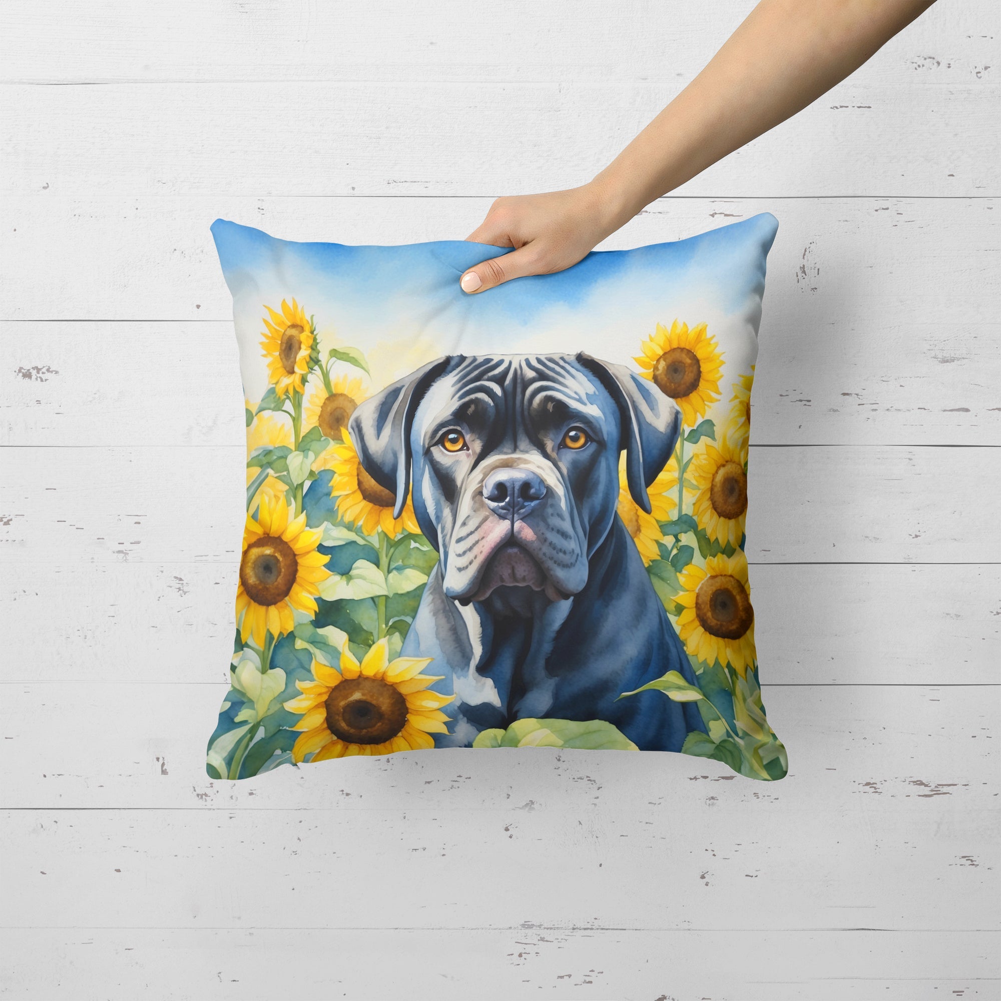 Cane Corso Sunflower Throw Pillow styled with home decor accessories