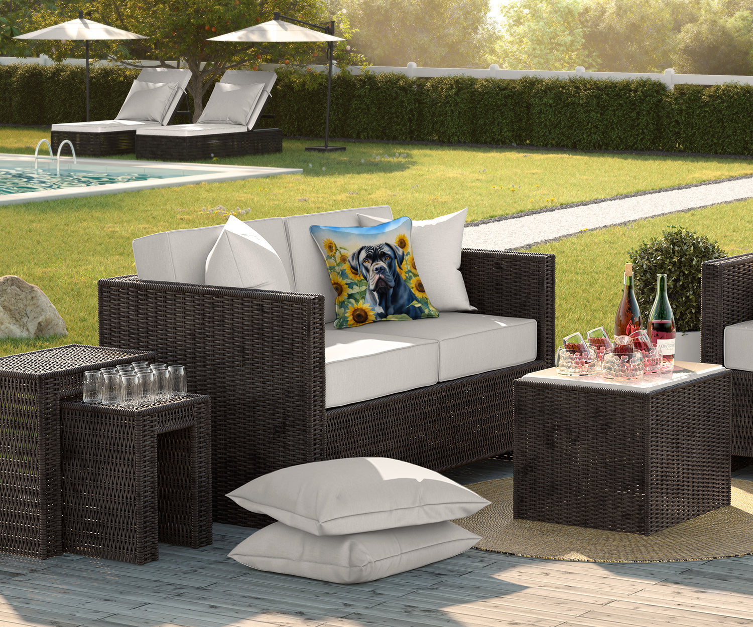 Front view of Cane Corso Sunflower Throw Pillow by Caroline's Treasures